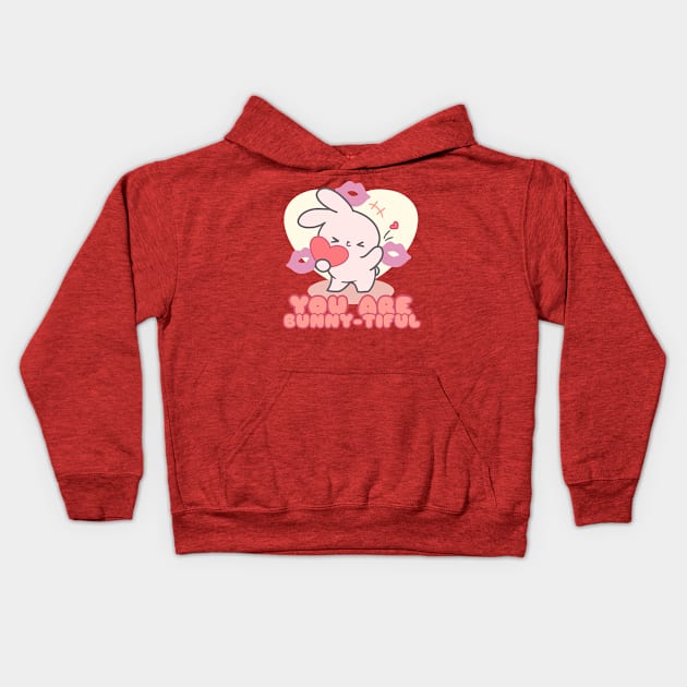 Cute Bunny kiss 'You Are Bunny-tiful'! Kids Hoodie by LoppiTokki